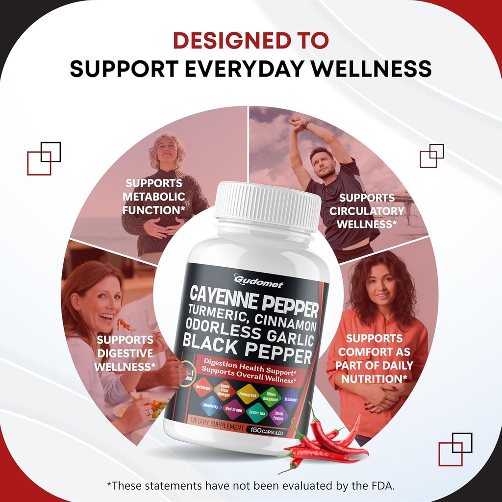 Cayenne Pepper Turmeric Odorless Garlic Cinnamon Fenugreek Citrus Bergamot Artichoke Blueberry Green Tea Black Pepper -150 Capsules- Made in USA 4