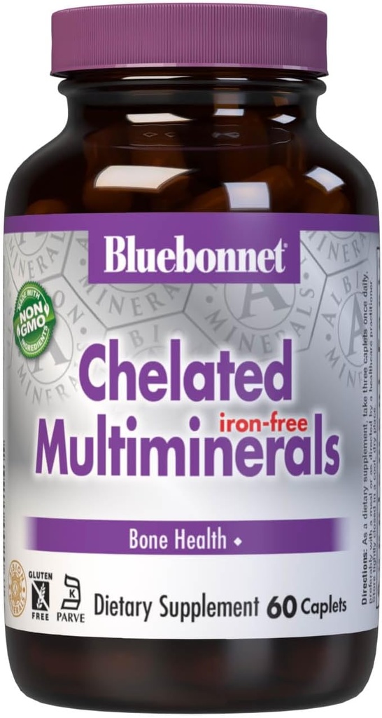 Bluebonnet Nutrition High Potency Chelated Multiminerals (Iron-Free), Albion Chelated Minerals, Soy-Free, Gluten-Free, Non-GMO, Kosher Certified, Dairy-Free, 60 Caplets, 20 Servings 2