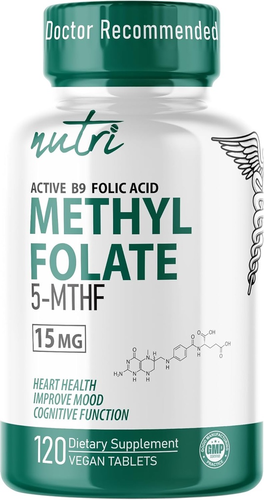Nature's Fusions Nutri 5-MTHF L Methylfolate 15MG - 4 Month Supply, 120 Vegan Tablets - Methylated Folate Supplement - Cognitive Function, Heart Health, Prenatal Support - Methylated Folic Acid 2