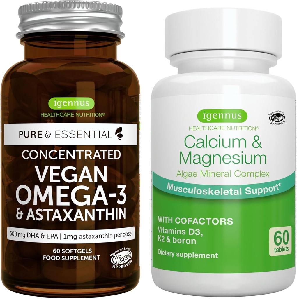 Vegan Omega-3 + Calcium & Magnesium Complex Vegan Bundle, Sustainable EPA & DHA Algae Oil 1340mg + 2:1 Plant Based Algae Mineral Complex, by Igennus 2