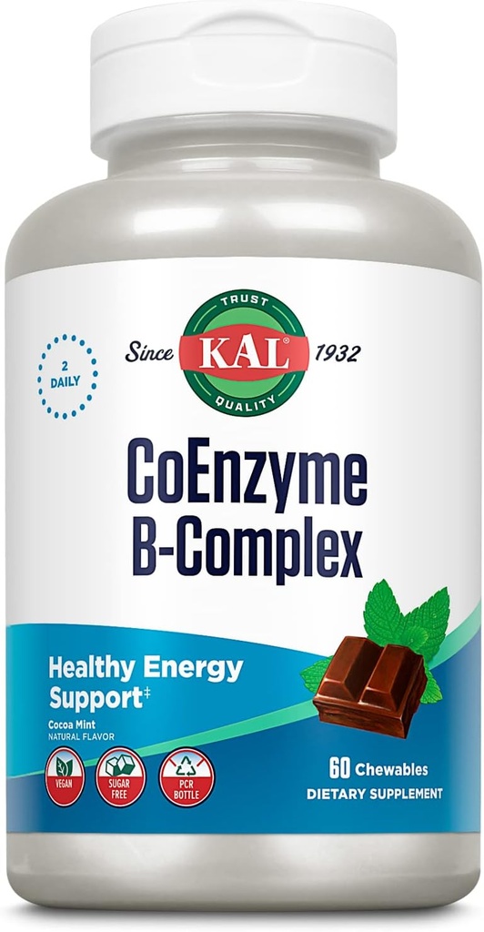 KAL CoEnzyme Vitamin B Complex, Chewable B Vitamins for Healthy Energy, Red Blood Cell and Nerve Function Support w/Vitamin B12, B6, Folic Acid, Natural Cocoa Mint, Vegan, Sugar Free, 30 Serv, 60ct 2