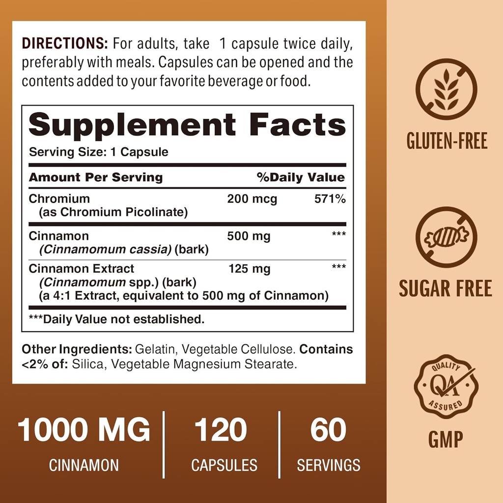 Vitamin World Cinnamon Complex with Chromium, 1000 mg Cinnamon Supplements with High-Potency Chromium for Healthy Metabolism & Antioxidant Protection, 120 Capsules, 2 Month Supply, Gluten Free 3