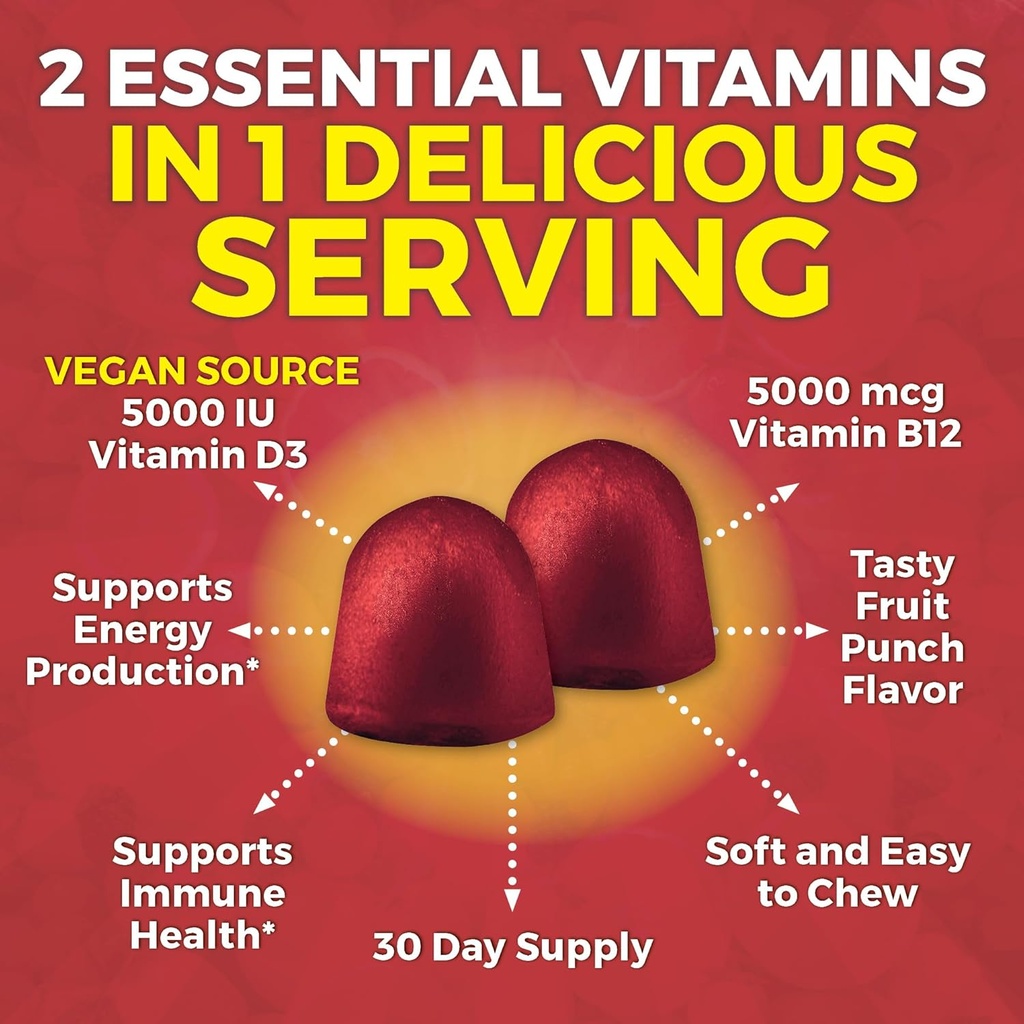 Vitamin B12 Gummies for Adults 5000mcg with Vitamin D3 5000 IU - Chewable B12 Vitamin 5000 MCG Gummies for Women, Vitamin D and B12 Gummy Vitamin 5