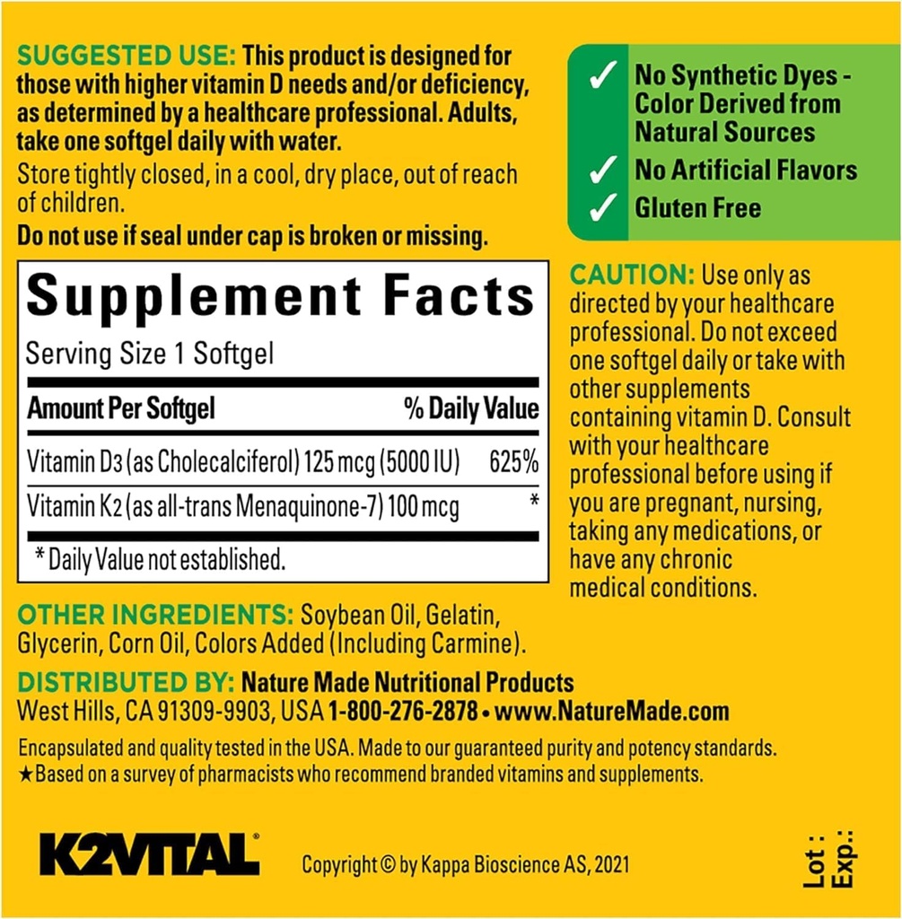 Nature Made Vitamin D3 K2, 5000 IU (125 mcg) Vitamin D, Dietary Supplement for Bone, Teeth, Muscle and Immune Health Support, 30 Softgels, 30 Day Supply - Pack of 2 6