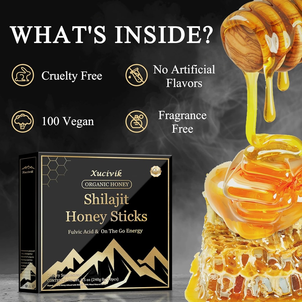 Xucivik Shilajit Honey Sticks,Pure Shilajit Resin with Organic Honey & Saffron, Boost Energy, Strengthen Immunity, Enhance Mental Clarity,Perfect for Men & Women,30 Sticks 6