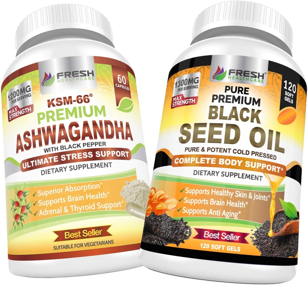 FRESH HEALTHCARE Ashwagandha KSM 66 and Black Seed Oil - Bundle 2