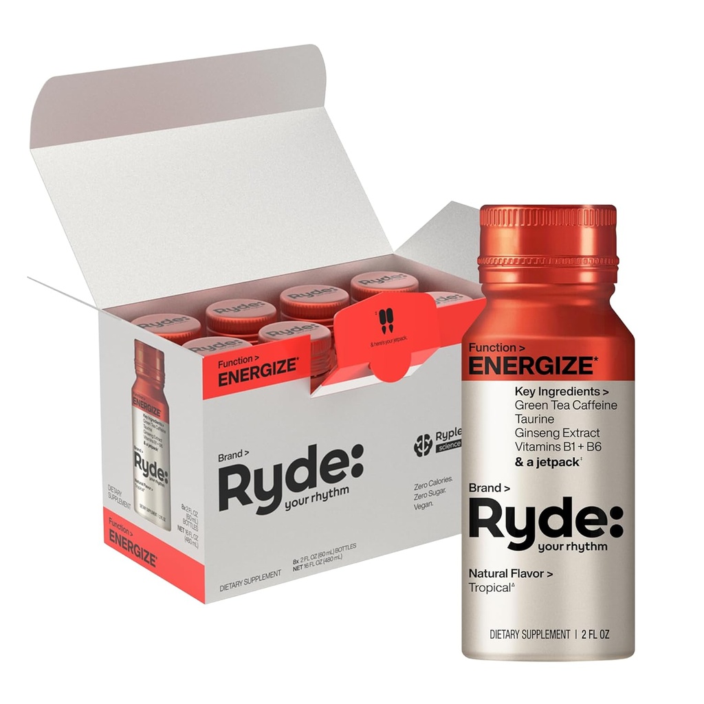 Ryde: Energize Shot | Tropical Flavor | Green Tea Caffeine, Taurine, Ginseng Extract & B Vitamins | 0 Calories, 0 Sugar | 2 FL OZ Shots | Boosts energy* (8 Pack) 2