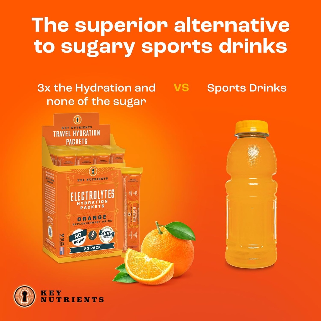 KEY NUTRIENTS Electrolytes Powder Packets 20 Pack - No Sugar, Delicious Tangy Orange, Hydration Packets with Electrolyte Powder for Refreshing Electrolyte Drink Mix Packets - Zero Calories 3