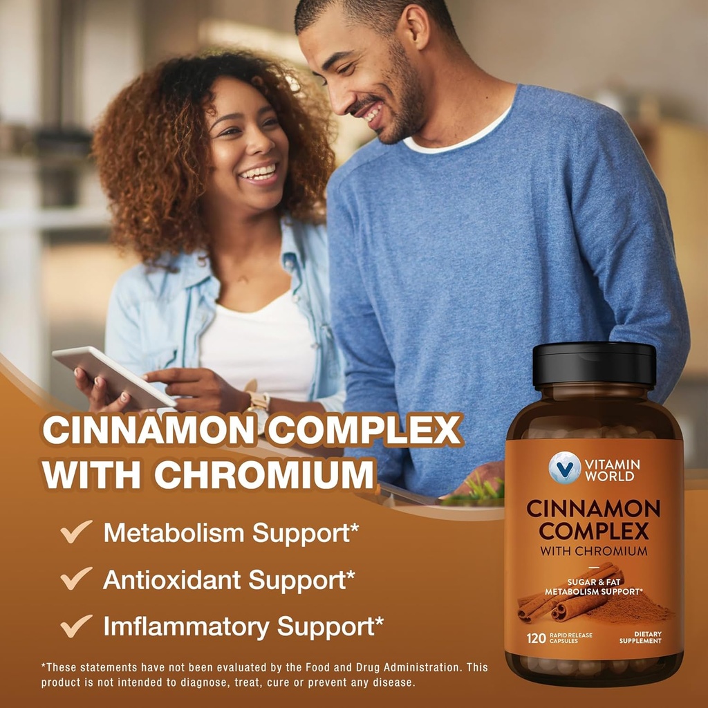 Vitamin World Cinnamon Complex with Chromium, 1000 mg Cinnamon Supplements with High-Potency Chromium for Healthy Metabolism & Antioxidant Protection, 120 Capsules, 2 Month Supply, Gluten Free 5