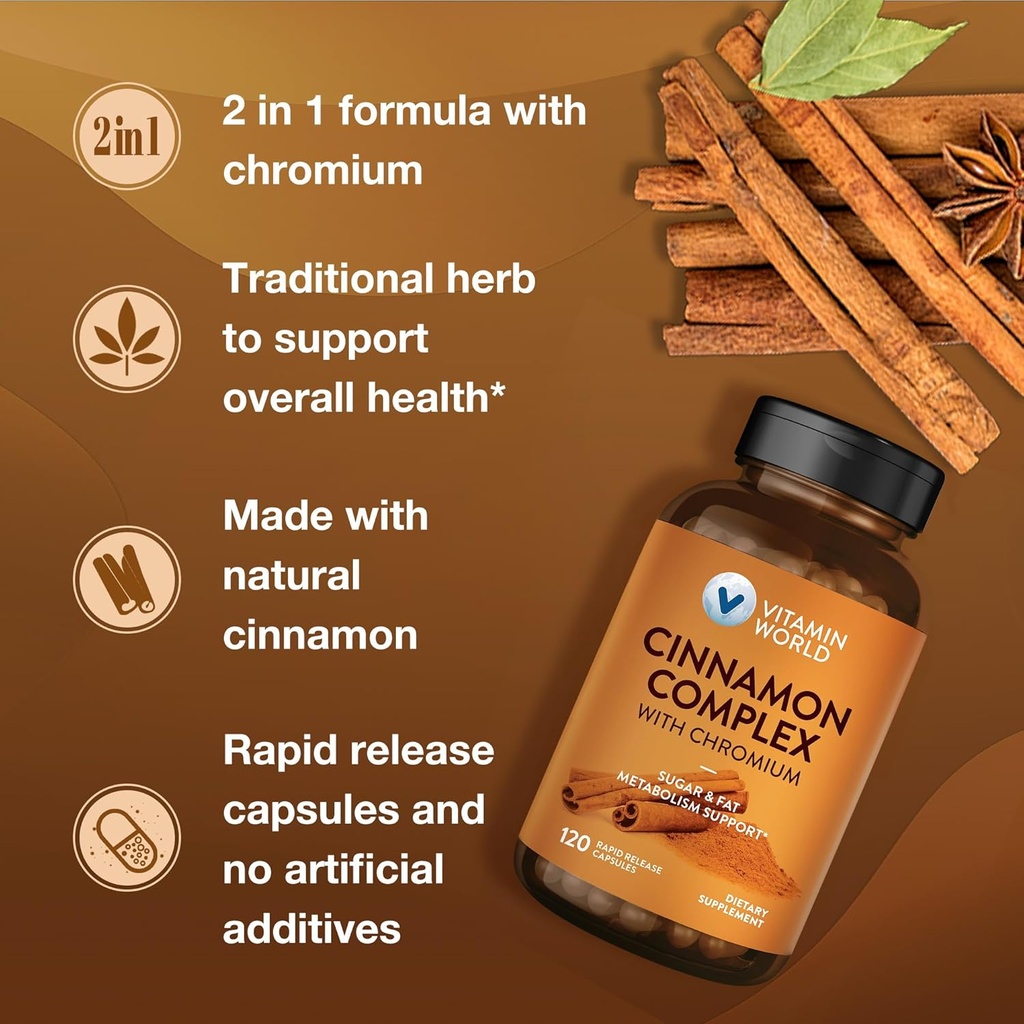 Vitamin World Cinnamon Complex with Chromium, 1000 mg Cinnamon Supplements with High-Potency Chromium for Healthy Metabolism & Antioxidant Protection, 120 Capsules, 2 Month Supply, Gluten Free 6