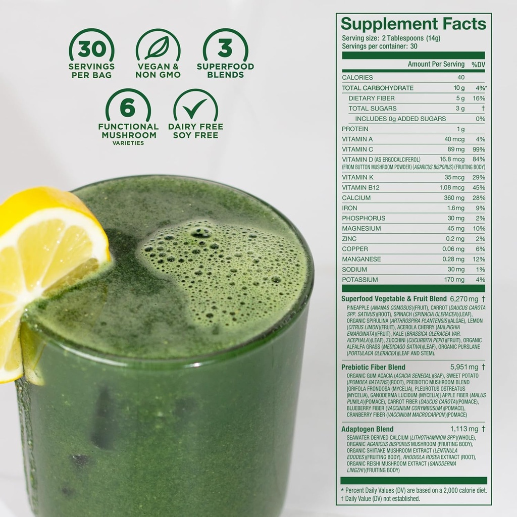 Laird Superfood Prebiotic Daily Greens Powder – Essential Vitamins & Minerals - Prebiotic Fiber, Adaptogen and Fruits & Vegetables – Supports Gut Health – Non-GMO, Vegan - 14.8 oz Bag, Pack of 1 4