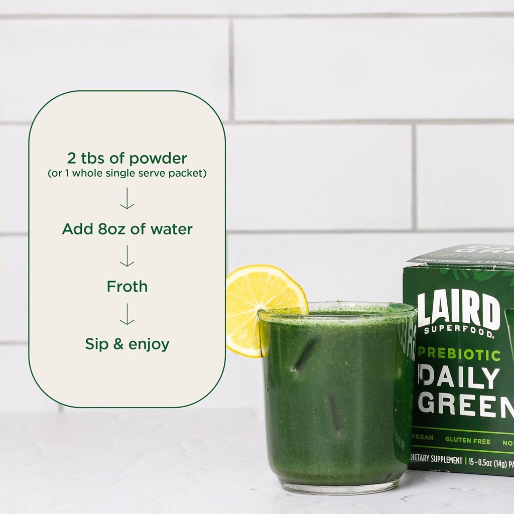 Laird Superfood Prebiotic Daily Greens Powder – Essential Vitamins & Minerals - Prebiotic Fiber, Adaptogen and Fruits & Vegetables – Supports Gut Health – Non-GMO, Vegan - 14.8 oz Bag, Pack of 1 6