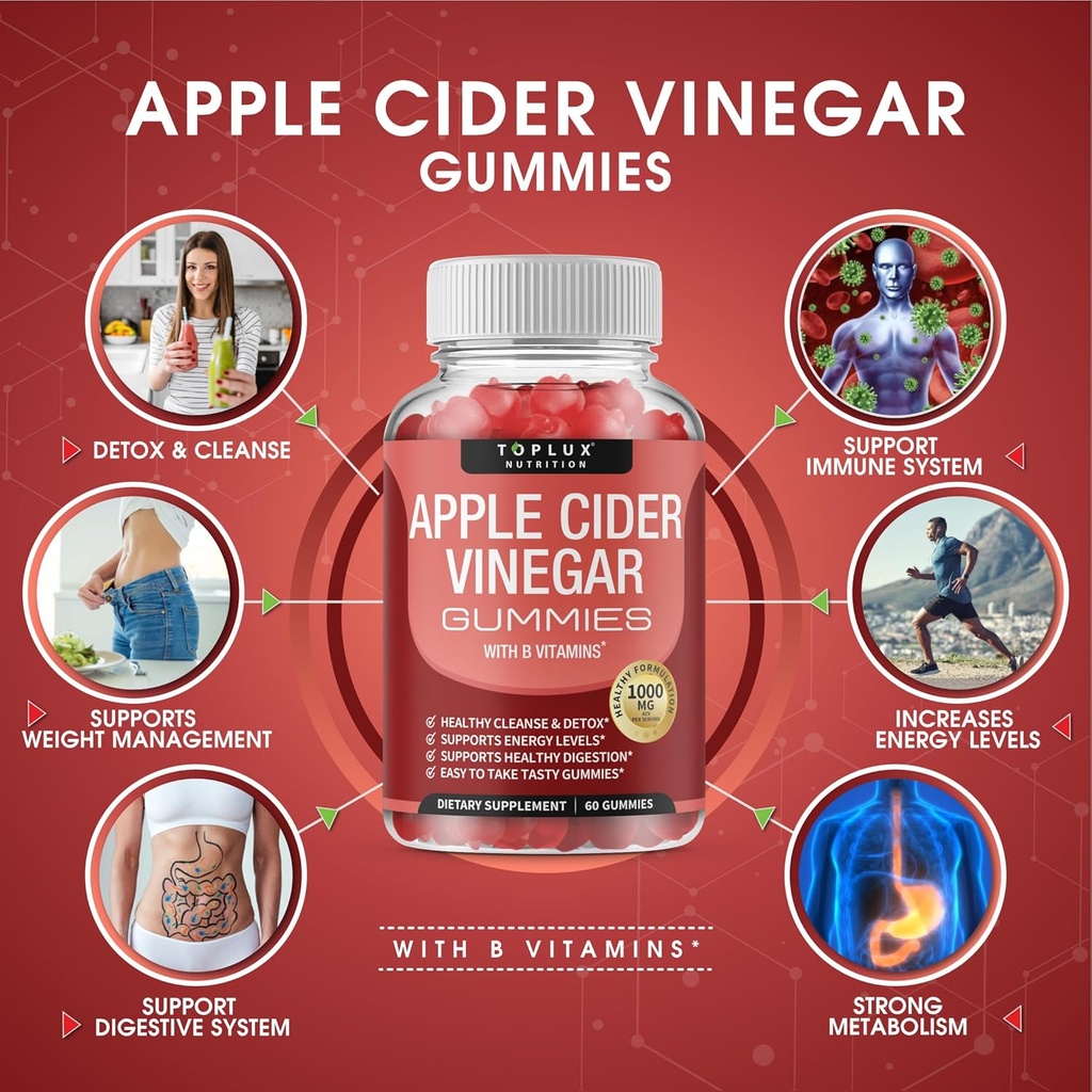 Toplux Apple Cider Vinegar Gummies - 1000mg ACV with B12, Beet Root, Pomegranate for Immune System, Detox & Cleanse, Gummy Alternative to Apple Cider Vinegar Capsules, for Men Women, 60 Gummies 3