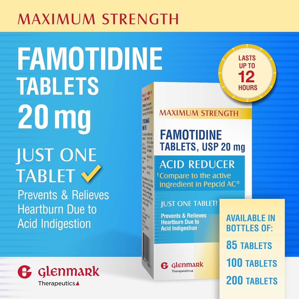 Glenmark Maximum Strength Famotidine Tablets, 20 mg, Acid Reducer for Heartburn Relief, 100 Count 5