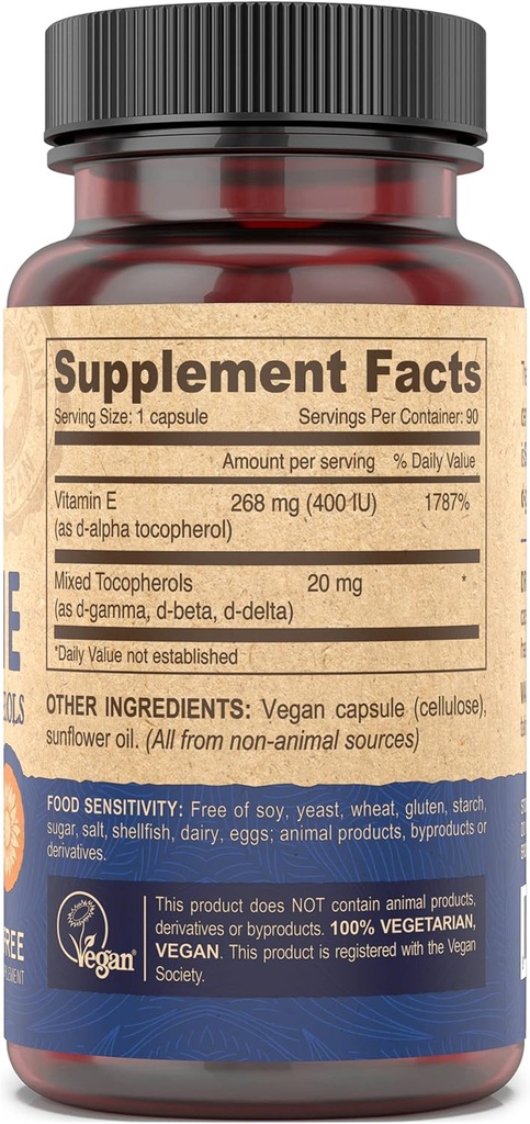 DEVA Vegan Vitamins Natural Vitamin E 400IU with Mixed Tocopherols, Supports Immune System & Skin Nutrition, Natural Antioxidant & Gluten Free, Dairy Free, Non-GMO, 90 Capsules 4