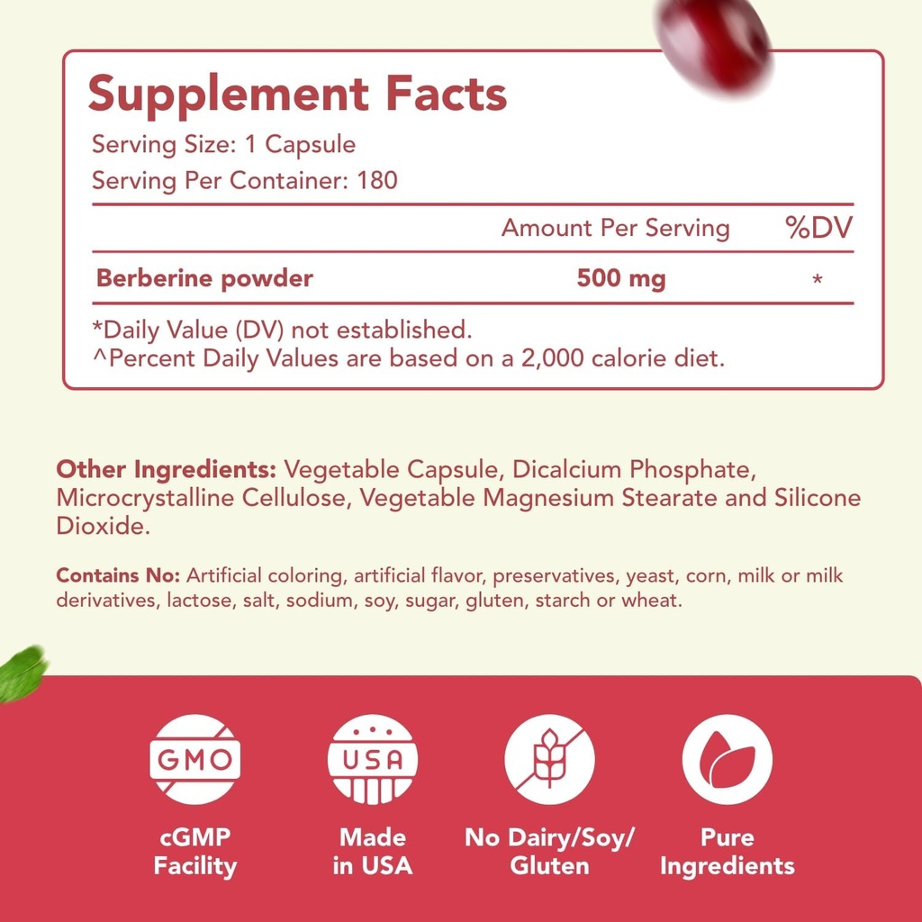 High Strength Berberine Supplement 500mg - Once Daily Potent Berberine 500mg Antioxidant Quercetin Supplement for Heart Aging and Vitality Support - Vegan Friendly & Made in The USA (180 Servings) 3