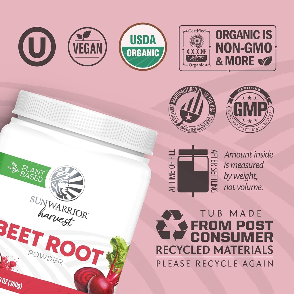 Sunwarrior Beet Root Powder Nitric Oxide Increase Stamina Blood and Flow Circulation Natural Non-GMO Keto Vegan Superfood for Smoothies Acai Pudding Baking 360g sq tub (90 Servings) Organic Harvest 4