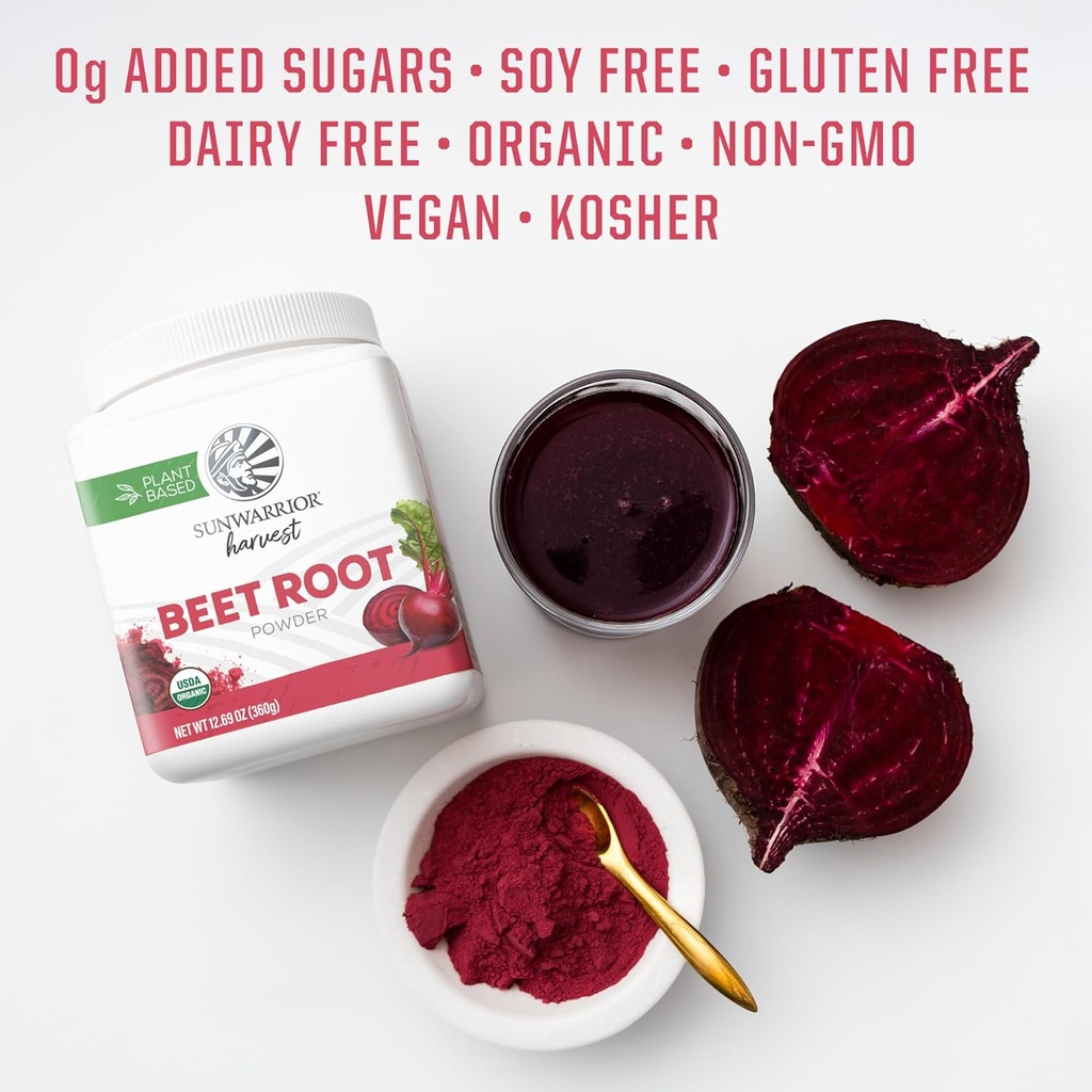 Sunwarrior Beet Root Powder Nitric Oxide Increase Stamina Blood and Flow Circulation Natural Non-GMO Keto Vegan Superfood for Smoothies Acai Pudding Baking 360g sq tub (90 Servings) Organic Harvest 6