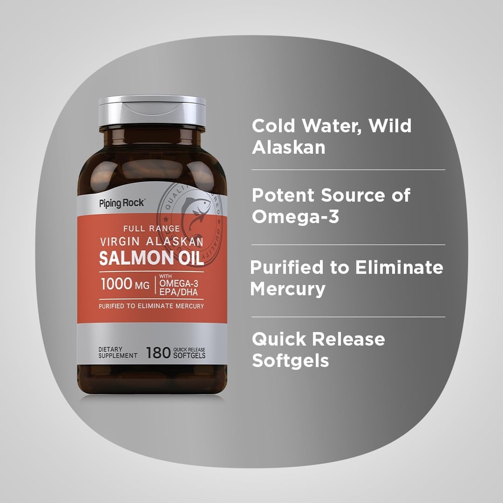 Piping Rock Wild Alaskan Salmon Fish Oil | 1000mg | 180 Softgels | Supplements for Humans | Omega-3, EPA, and DHA | Non-GMO and Gluten Free 5