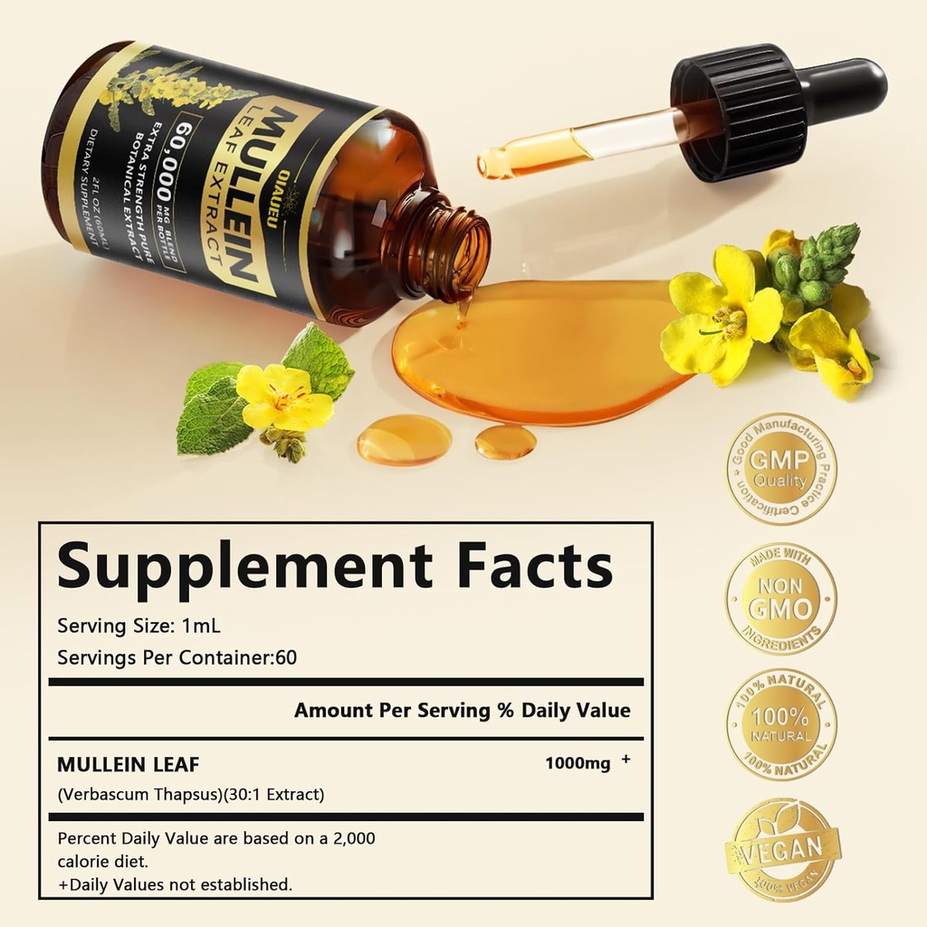 Mullein Drops for Lungs, Natural Mullein Leaf Extract, Respiratory Support & Lung Cleanse Herbal Supplement, Vegan - 2 fl oz 3