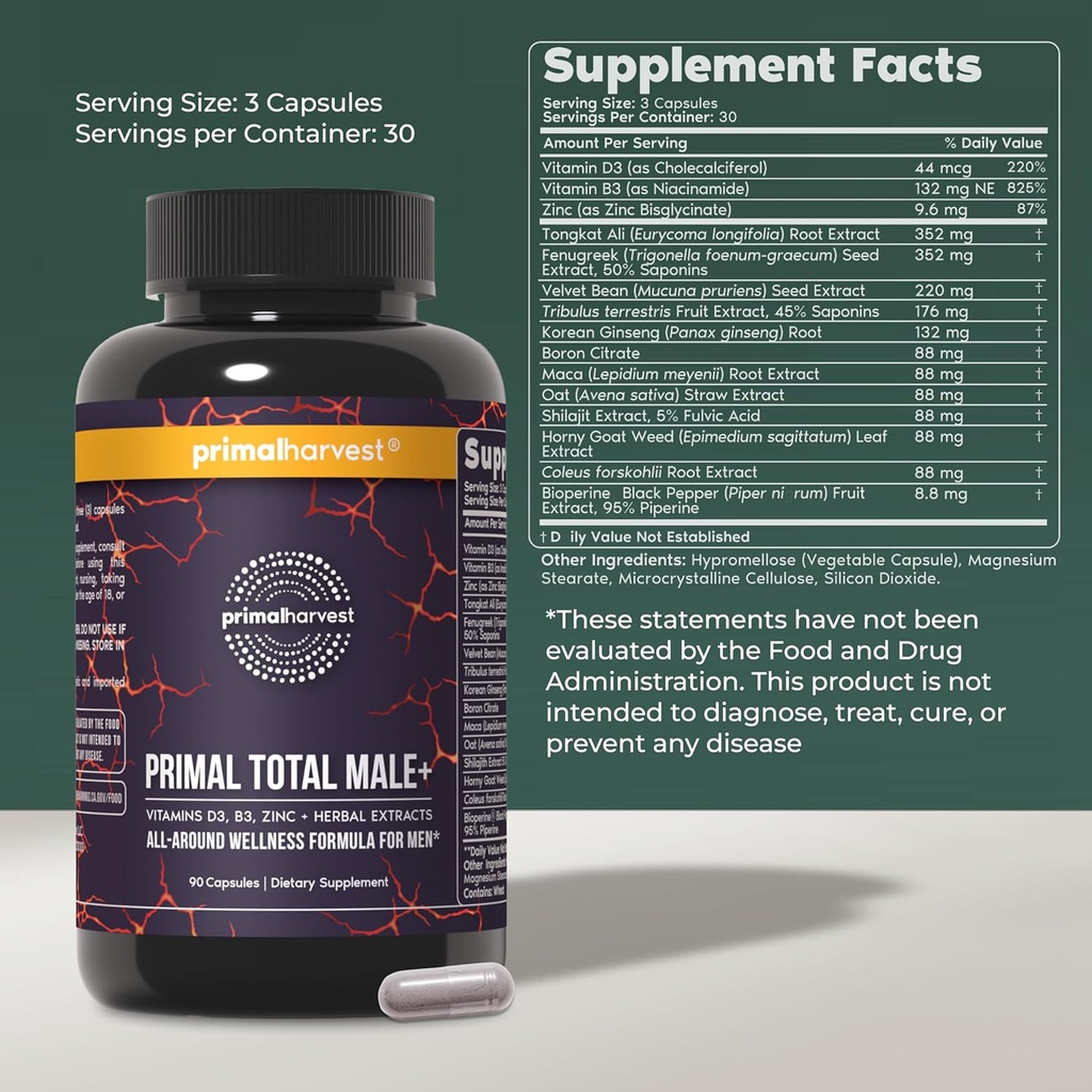 Primal Harvest Total Male+ Multivitamin for Men with Essential Vitamins, Minerals and Herbal Support for Energy, Vitality, Immune Health and Performance 3