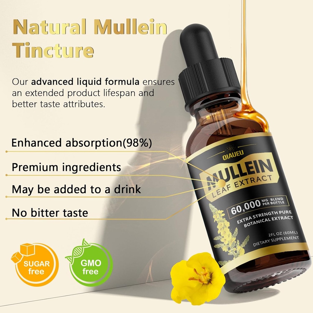 Mullein Drops for Lungs, Natural Mullein Leaf Extract, Respiratory Support & Lung Cleanse Herbal Supplement, Vegan - 2 fl oz 6