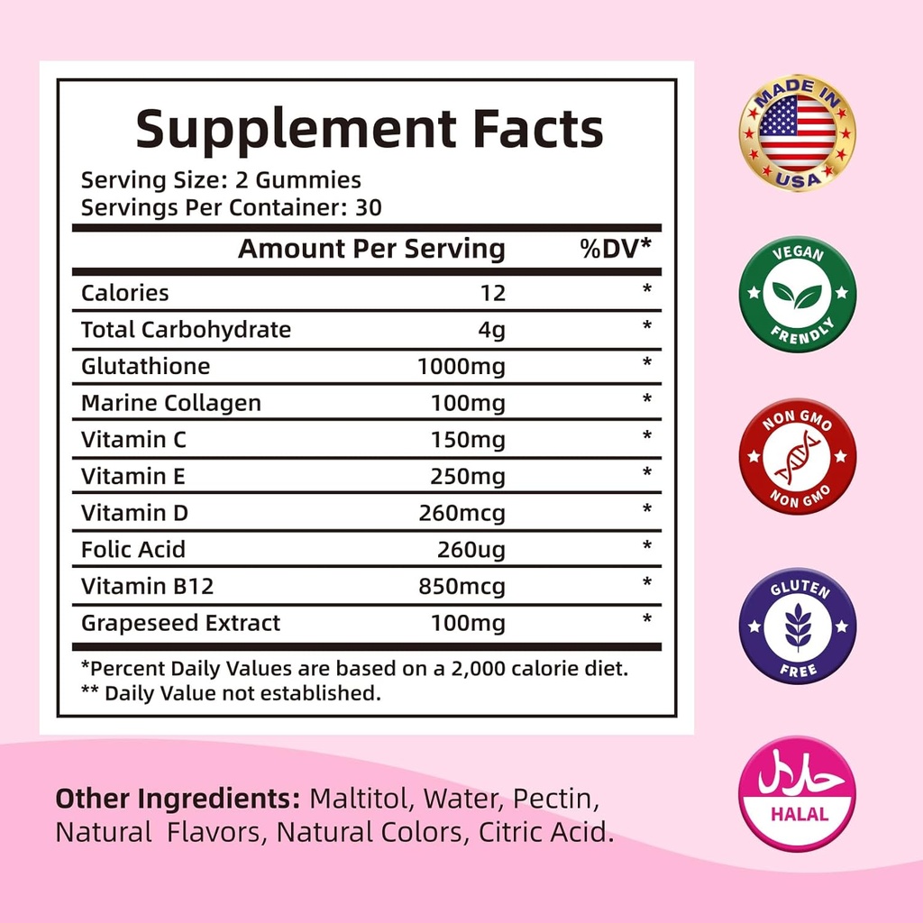 Glutathione Supplement Collagen Gummies: L-Glutamine Contains Marine Collagen Vitamins C, E, D&B12 Glutathione Gummies 1000mg for Anti-Aging Formula and Strengthen Bones 3