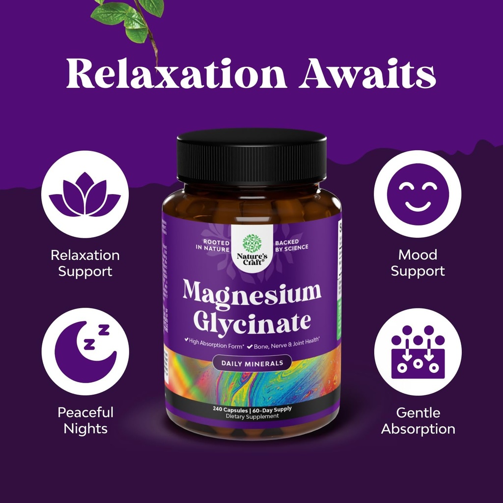 High Absorption Magnesium Glycinate Capsules - 500mg Magnesium Glycinate Per Serving for Calming Sleep Plus Muscle Bone & Nerve Support - Chelated 500mg GMP Certified 240 Count 5