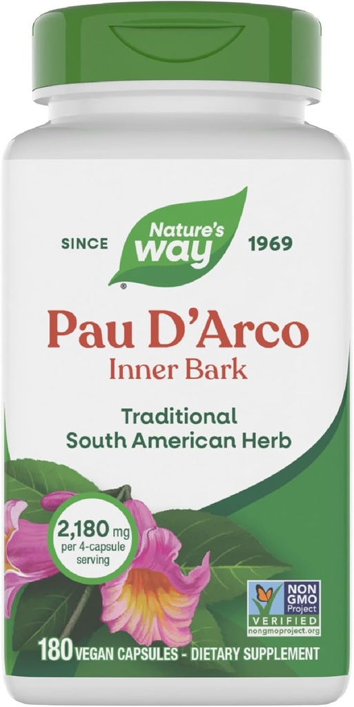 Nature's Way Pau d'Arco Inner Bark, Traditional South American Herb, 2,180 mg per 4-Capsule Serving, Non-GMO Project Verified, 180 Capsules (Packaging May Vary) 2