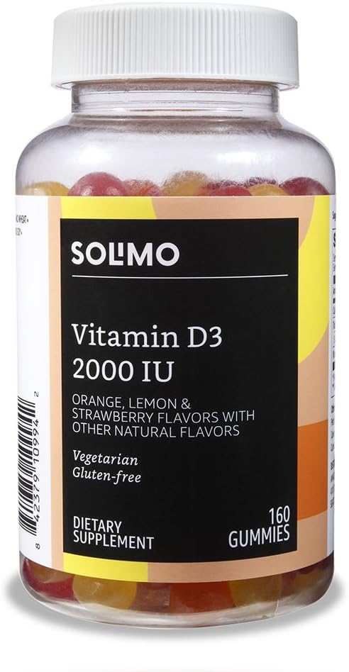 Basics Vitamin B12 3000 mcg Gummies (2 Packs of 100), 2 per Serving and   Basics Vitamin D3 2000 IU Gummies, Orange, Lemon & Strawberry, 160 Count (2 per Serving) (Previously Solimo) 6