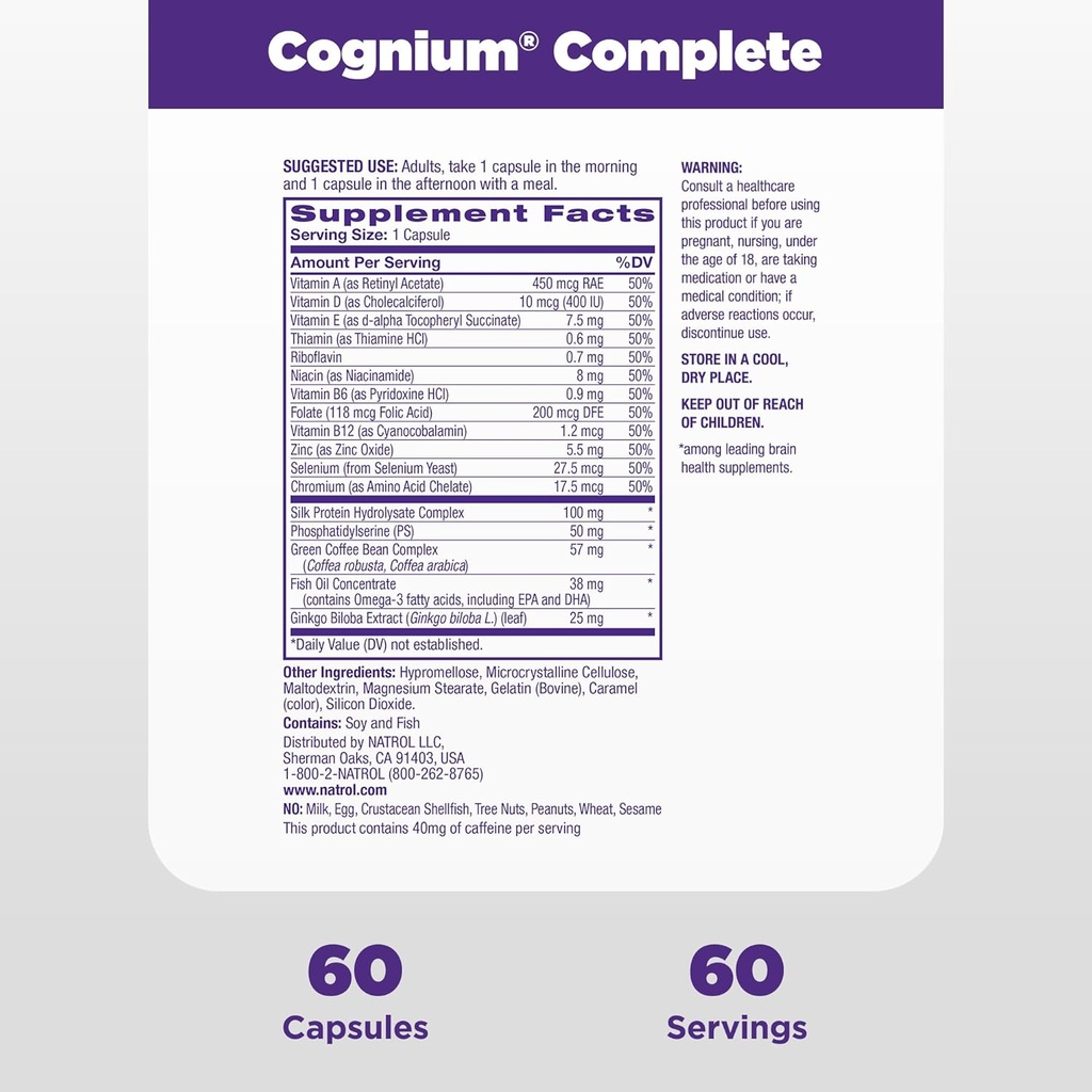 Natrol Cognium Complete, Dietary Supplement for Brain Health, Brain Health Supplements for Adults, 60 Capsules, 30 Day Supply 6