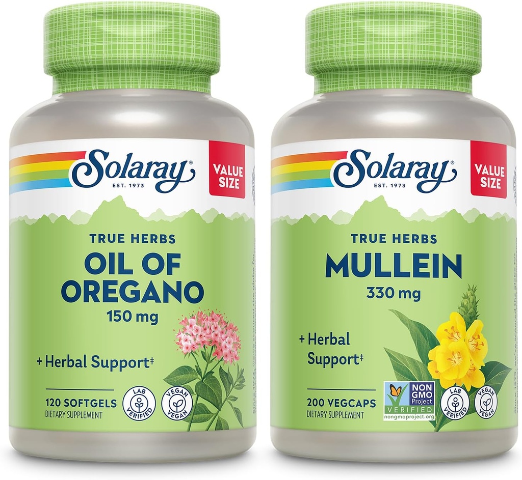 SOLARAY Oil of Oregano Softgels 150 mg and Mullein Leaf 330 mg - Wellness Support Bundle - Oregano Oil and Mullein Capsules for Overall Health Support - Vegan, 60-Day Guarantee, 120ct/180ct 2