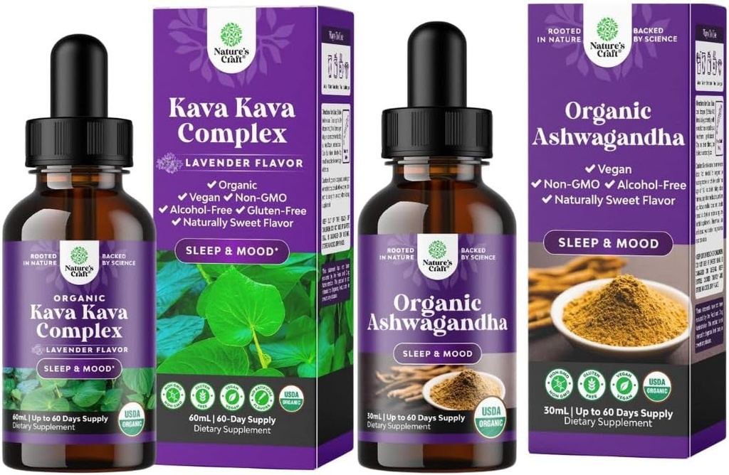 Bundle of Potent Liquid Kava Kava Drops Supplement with Kavalactones for Better Sleep and USDA Organic Ashwagandha Liquid Drops - Ashwagandha Root Extract for Stress and Mood Support for Adults 2