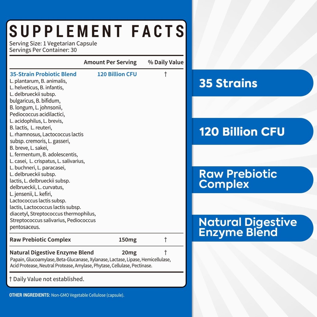 Probiotics 120 Billion CFU, Probiotics for Men & Women, Prebiotics + Digestive Enzymes, Highest Potency, 3-in-1 Complete Probiotic, Digestive Support, 30 Caps 3