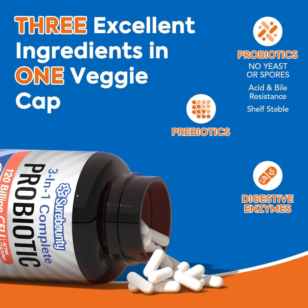 Probiotics 120 Billion CFU, Probiotics for Men & Women, Prebiotics + Digestive Enzymes, Highest Potency, 3-in-1 Complete Probiotic, Digestive Support, 30 Caps 4