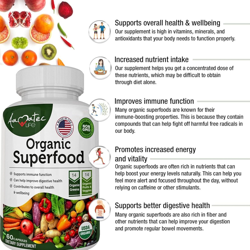 Organic Superfood Greens Fruits and Veggies Complex - Dietary Supplement with 14 Greens &14 Vegetables with Alfalfa Rich in Antioxidants Organic Ingredients Non-GMO (120 Count Pack of 2) 4