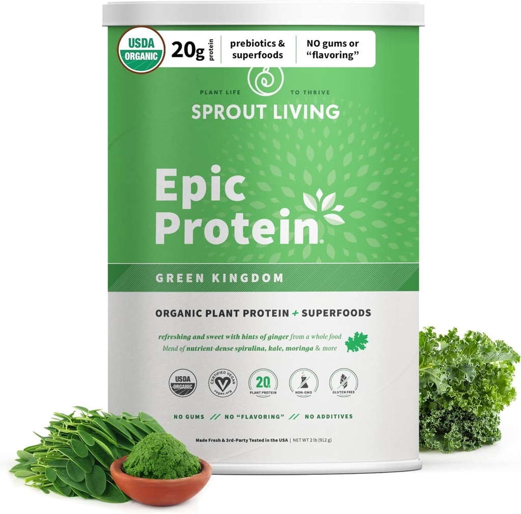 Sprout Living Epic Protein, Plant Based Protein & Superfoods Powder, Green Kingdom | 20 Grams Organic Protein Powder, Greens, Vegan, Non Dairy, Non-GMO, Gluten Free, Low Sugar (2 Pound, 24 Servings) 5