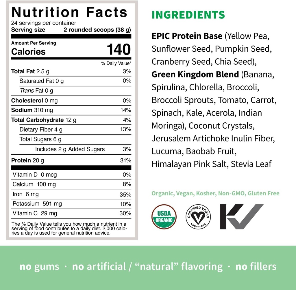 Sprout Living Epic Protein, Plant Based Protein & Superfoods Powder, Green Kingdom | 20 Grams Organic Protein Powder, Greens, Vegan, Non Dairy, Non-GMO, Gluten Free, Low Sugar (2 Pound, 24 Servings) 6