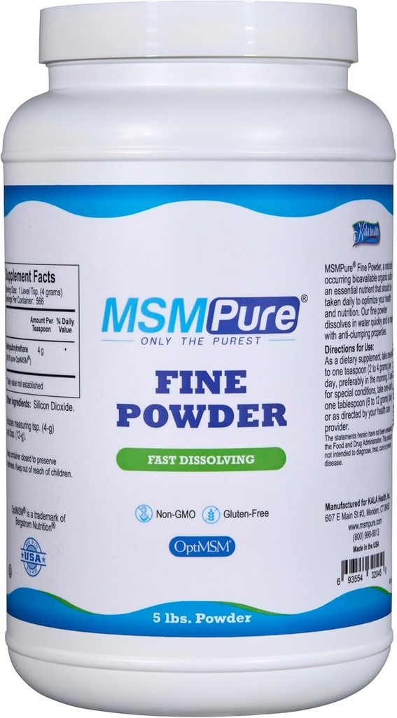 KALA HEALTH MSMPure Fast Dissolving Fine MSM Powder Crystals – US-Made MSM for Joint Health, Skin Appearance, and Hair & Nail Support – 5 lb, Organic Sulfur 2