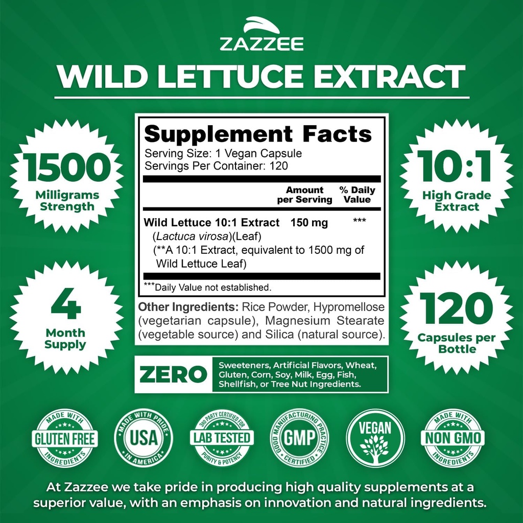 Zazzee Extra Strength Wild Lettuce 10:1 Extract, 1500 mg Strength, 120 Vegan Capsules, Potent Lactuca Virosa Variety, Concentrated 10X Extract, 100% Vegetarian, All-Natural, Non-GMO, Made in The USA 3