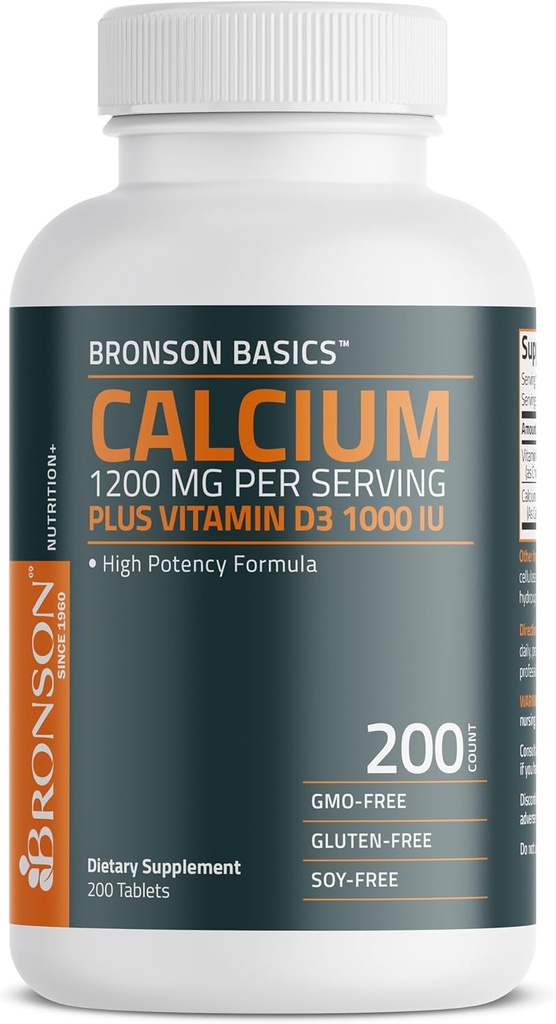 Bronson Calcium 1200mg Per Serving Plus Vitamin D3 1000 IU High Potency Formula, Non-GMO, 200 Tablets 2