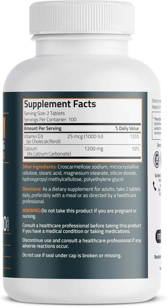 Bronson Calcium 1200mg Per Serving Plus Vitamin D3 1000 IU High Potency Formula, Non-GMO, 200 Tablets 3
