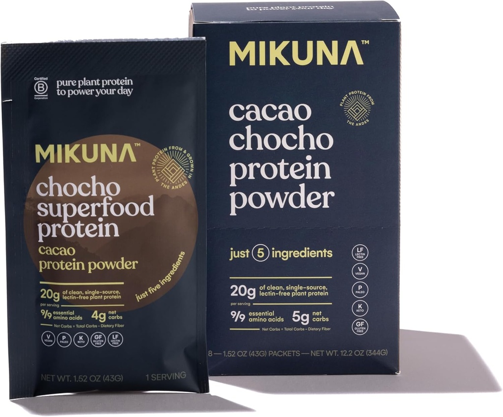 Mikuna Chocho Superfood Protein, Plant-Based Protein Powder, Travel Packs - Vegan, Gluten Free, 3g Net Carbs or Less, and Bioavailable, Non-Isolate (8 Servings, Cacao) 2