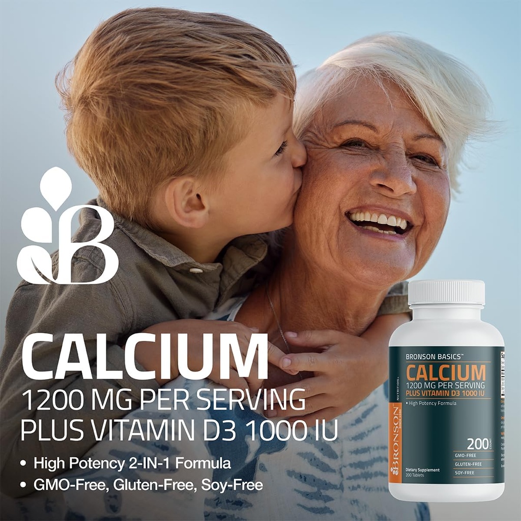 Bronson Calcium 1200mg Per Serving Plus Vitamin D3 1000 IU High Potency Formula, Non-GMO, 200 Tablets 4