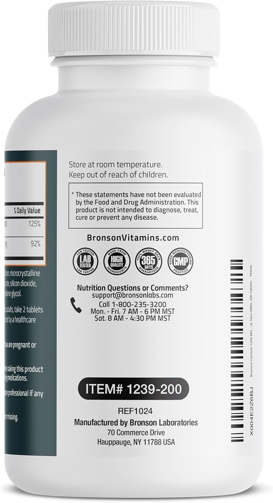 Bronson Calcium 1200mg Per Serving Plus Vitamin D3 1000 IU High Potency Formula, Non-GMO, 200 Tablets 6