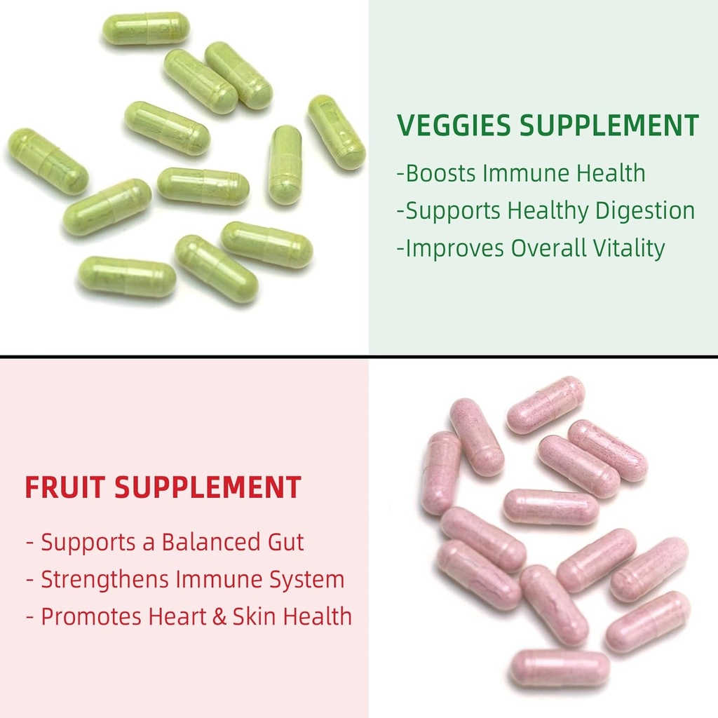 Fruit and Veggies Supplement Ingredients Natural – 90 Fruit and 90 Veggie Capsules - Fresh Superfood Formula with Vitamins and Minerals, Supports Energy Levels 4