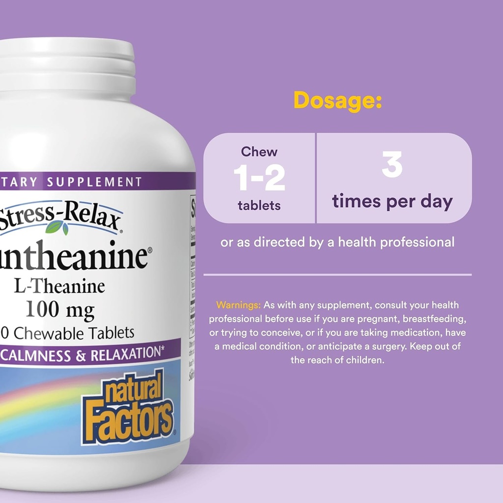 Natural Factors Suntheanine L-Theanine 100 mg - Health Supplement for Calm Outlook - L-Theanine Supplement Supports Relaxing Sleep & Aids Against Drowsiness - 120 Chewable Tablets (60 Servings) 4