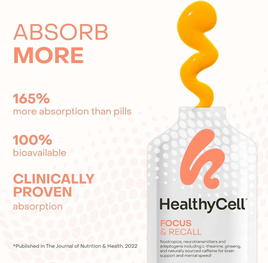 Healthycell Focus & Recall, Daily Liquid Brain Supplement for Focus & Memory - Nootropics Supplement for Concentration & Alertness with L-Theanine, Omega-3 & Taurine - 30 Gel Packs 4