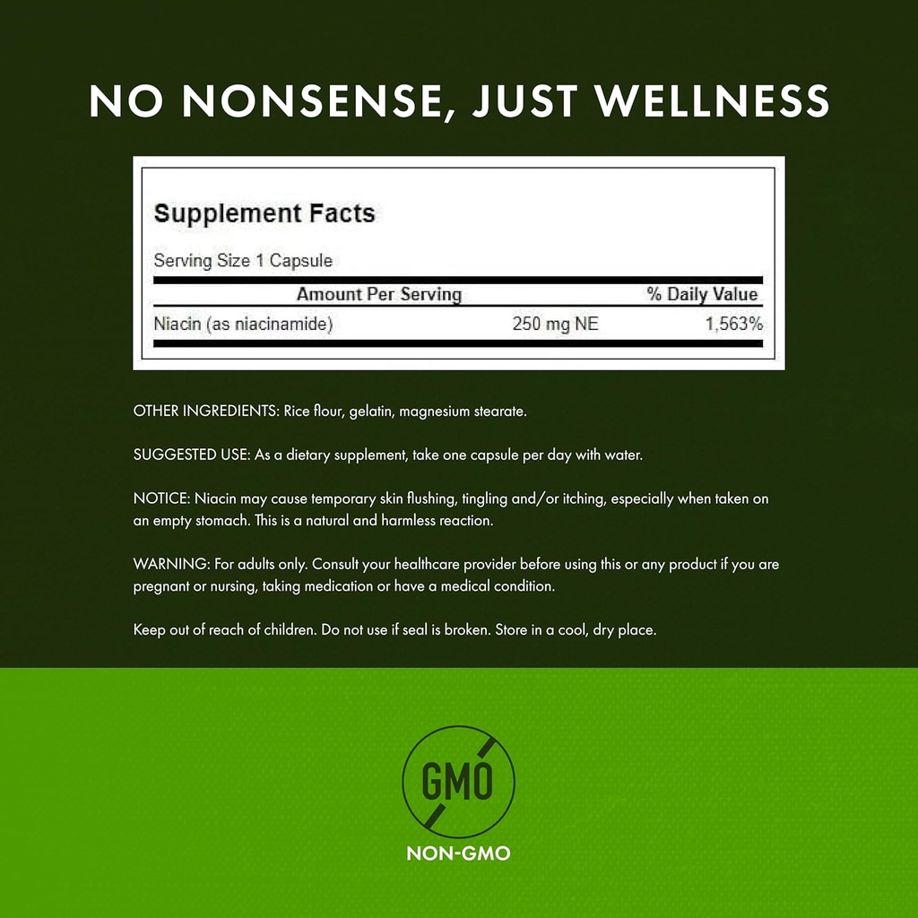 Swanson Niacinamide - Vitamin B3 Supplement Promoting Heart Health & Energy Support - May Support Healthy Joint Function - (250 Capsules, 250mg Each) 4