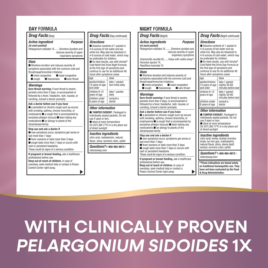 Nature's Way Cold Relief Hot Drink, Umcka, Homeopathic, Clinically Proven Pelargonium Sidoides 1X, for Cough, Congestion, Sore Throat, Stuffy Nose, Day & Night Formula, 12 Packets (Packaging May Vary) 6